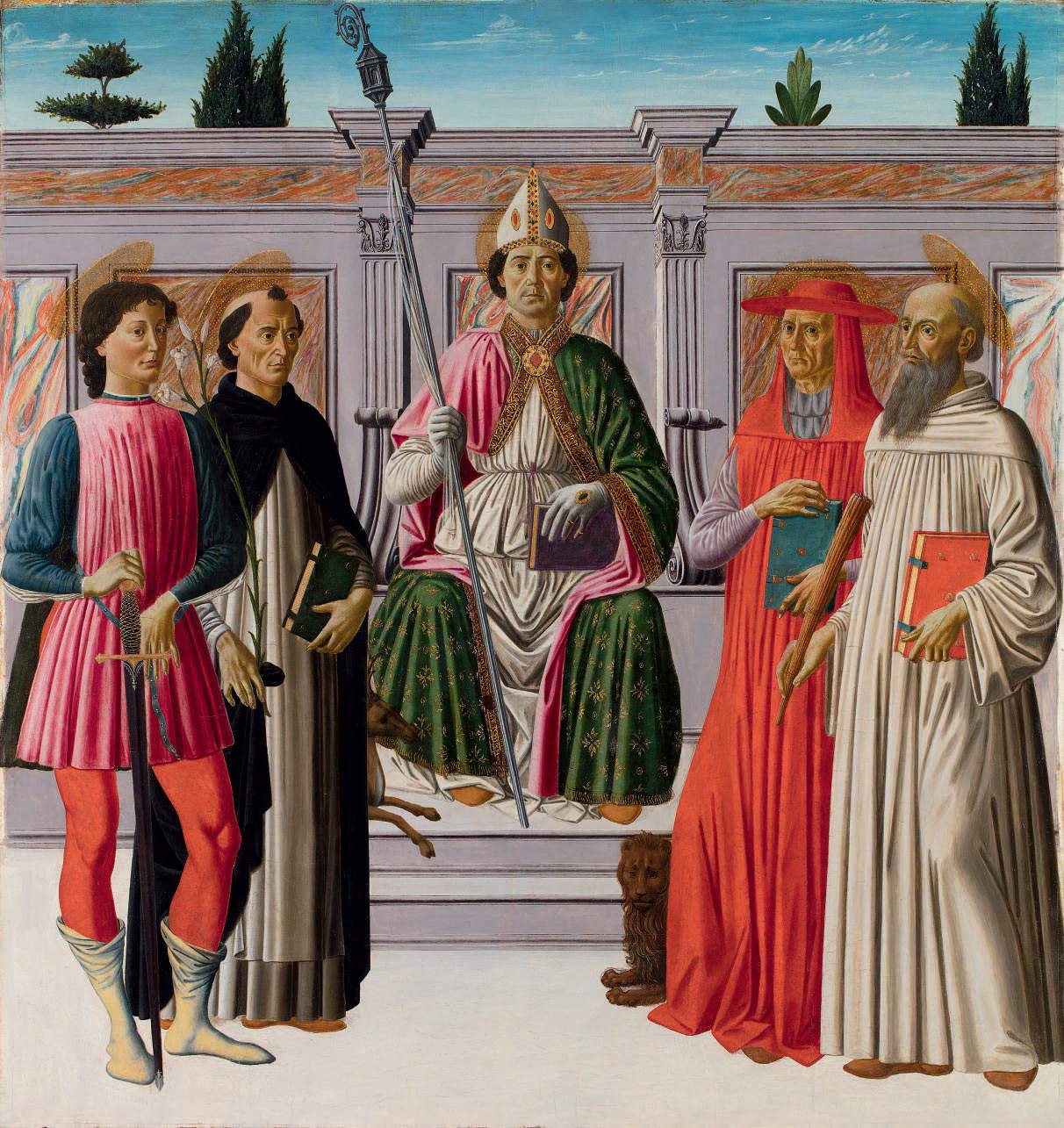 Francesco Botticini, Saint Aegidius Enthroned Between Saints Julian, Dominic, Jerome and Benedict (vers 1468-1469 ; tempera sur panneau, 122,5 x 114 cm ; Paris, Galerie G. Sarti)