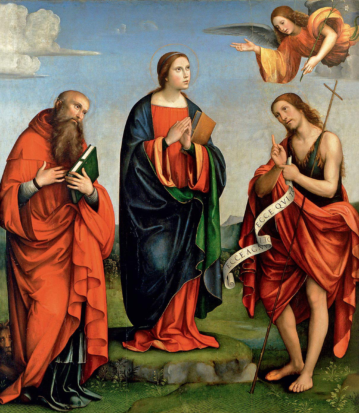 Francesco Francia, Annonciation entre les saints Jérôme et Jean-Baptiste (vers 1505-1510 ; huile sur panneau 174 x 150 cm, Bologne, Pinacoteca Nazionale, inv. 587)