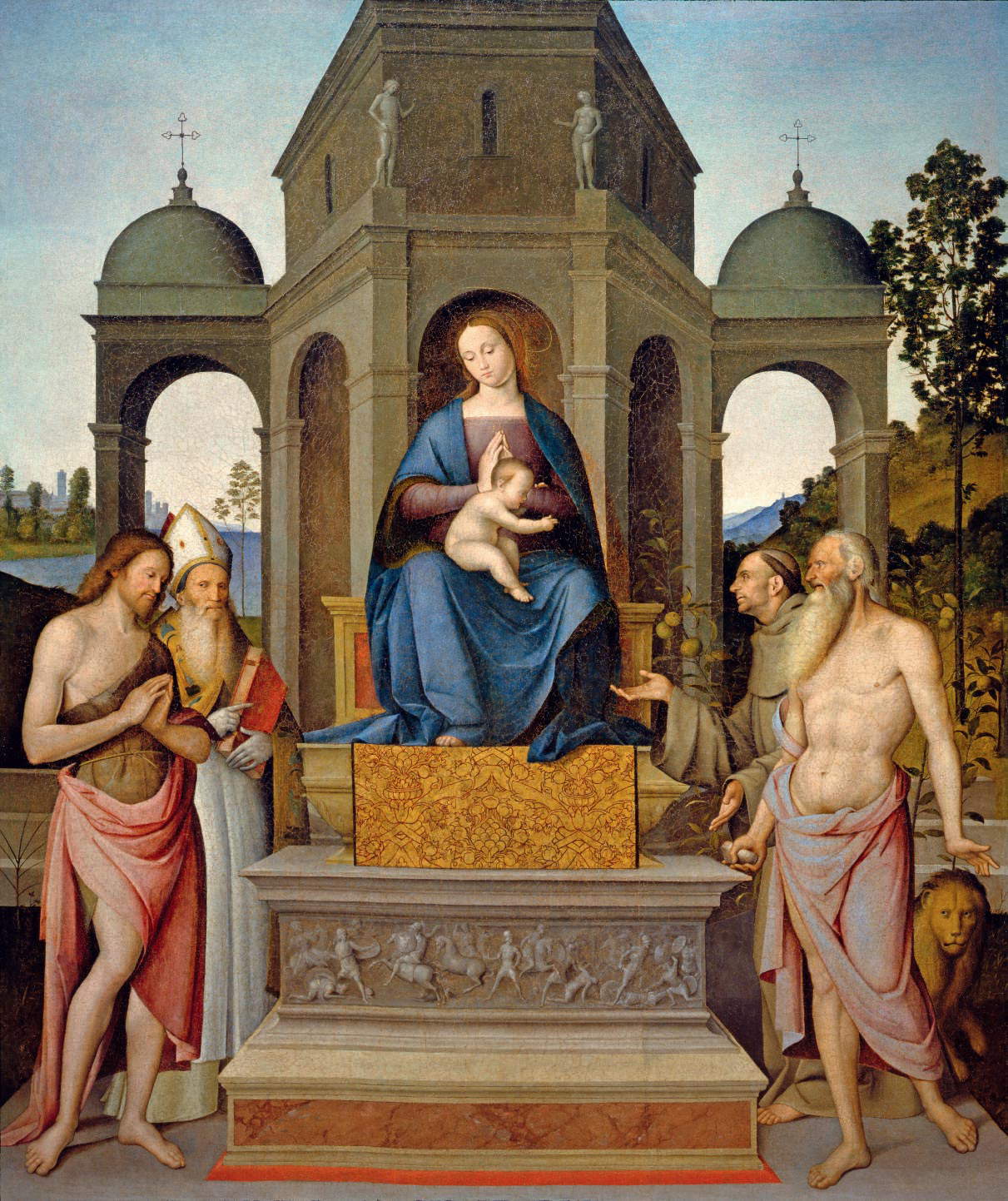 Francesco Verla, Vierge à l'enfant trônant entre les saints Jean-Baptiste, Augustin ( ?), Antoine de Padoue et Jérôme (vers 1508-1509 ; tempera sur toile, 214 x 181 cm ; Cerreto Guidi, Villa Medicea di Cerreto Guidi Museo Storico della Caccia e del Territorio, prêt du Palazzo Bardini, inv. bd. no. 5093)