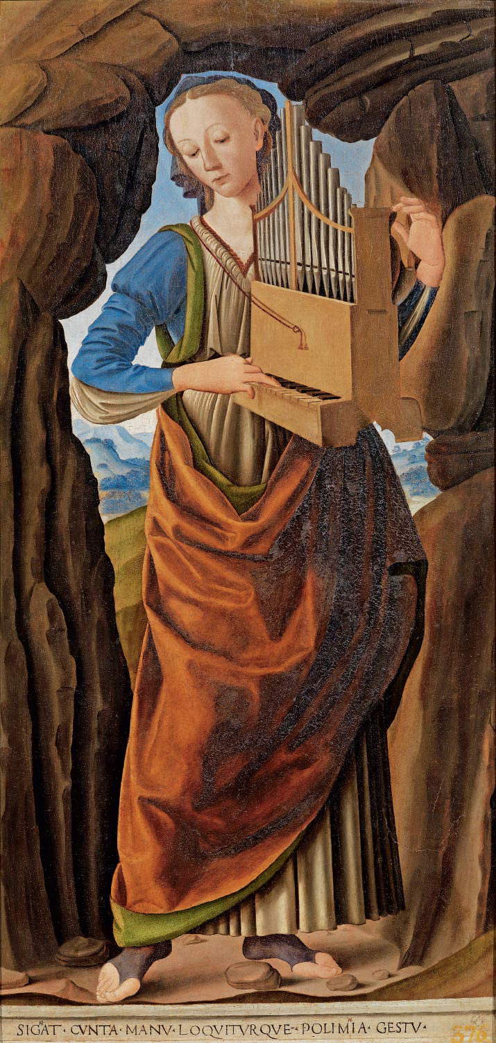 Giovanni Santi, Polyhymnie (vers 1485 ; huile sur panneau, 82,7 &times; 39,9 cm ; Florence, Galleria Corsini, inv. 75)