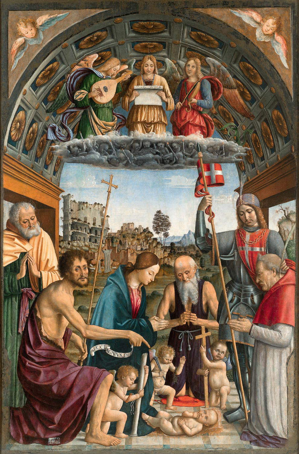 Macrino d'Alba, Adoration de l'enfant avec les saints Jean-Baptiste, Jérôme, Solutor et le donateur Amedeo di Romagnano (1505 ; tempera sur panneau transférée sur toile, 204 &times; 135 cm avec cadre ; Turin, Musei Reali, Galleria Sabauda, inv. 1132)