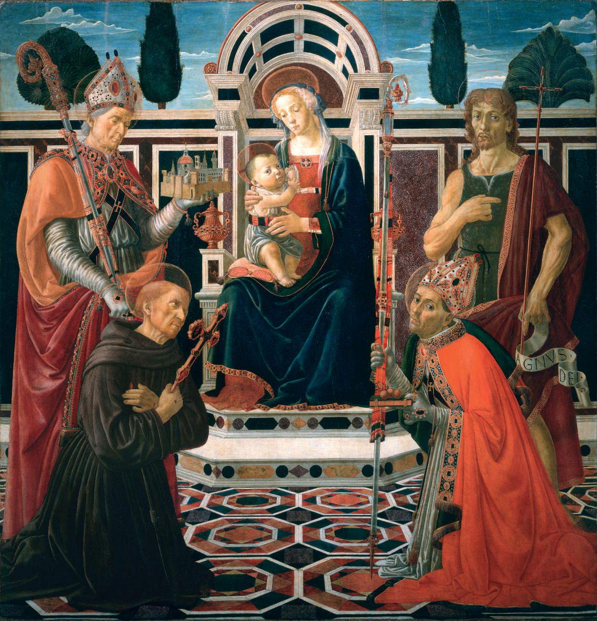 Andrea del Verrocchio et son atelier, Retable Macinghi (1472 ; tempera sur panneau, 173 x 165 cm ; 173 x 165 cm ; Florence, Galerie des Offices, inv. 1890, n° 1592 ; en dépôt dans l'église de San Martino a Strada, près de Grassina)