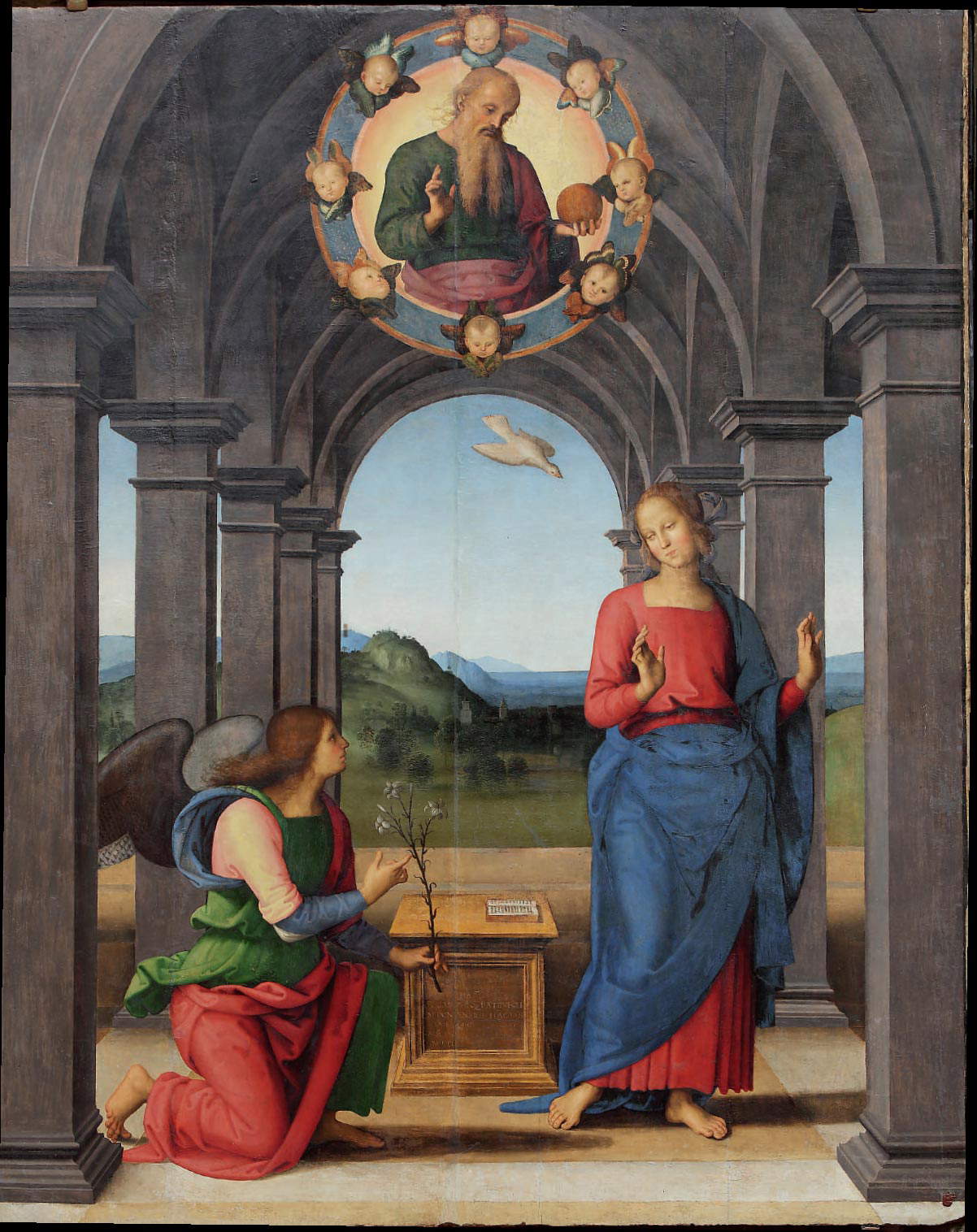 Pérugin, Annonciation (vers 1489-1495 ; tempera sur panneau, 212 x 172 cm ; Fano, église Santa Maria Nuova)
