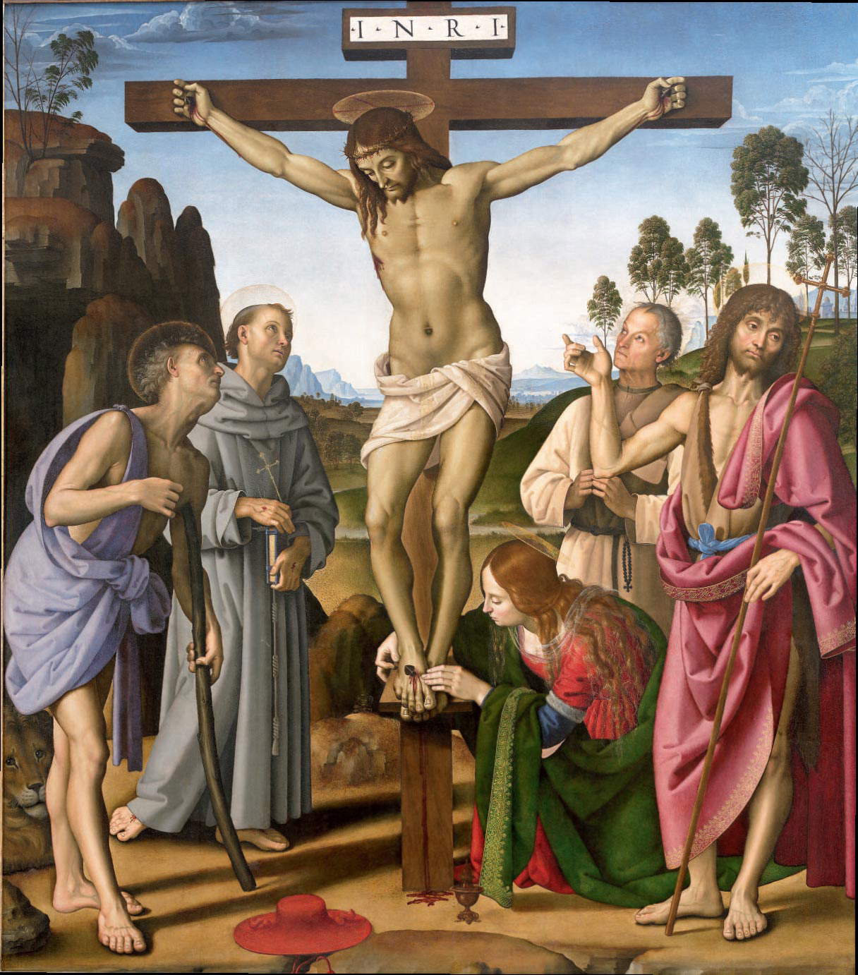 Pérugin, Christ crucifié entre les saints Jérôme, François d'Assise, Marie-Madeleine, Jean-Baptiste et le bienheureux Giovanni Colombini (vers 1483-1485 ; tempera et huile sur panneau, 203 x 180 cm ; Florence, Galerie des Offices, inv. 1890, n° 325)