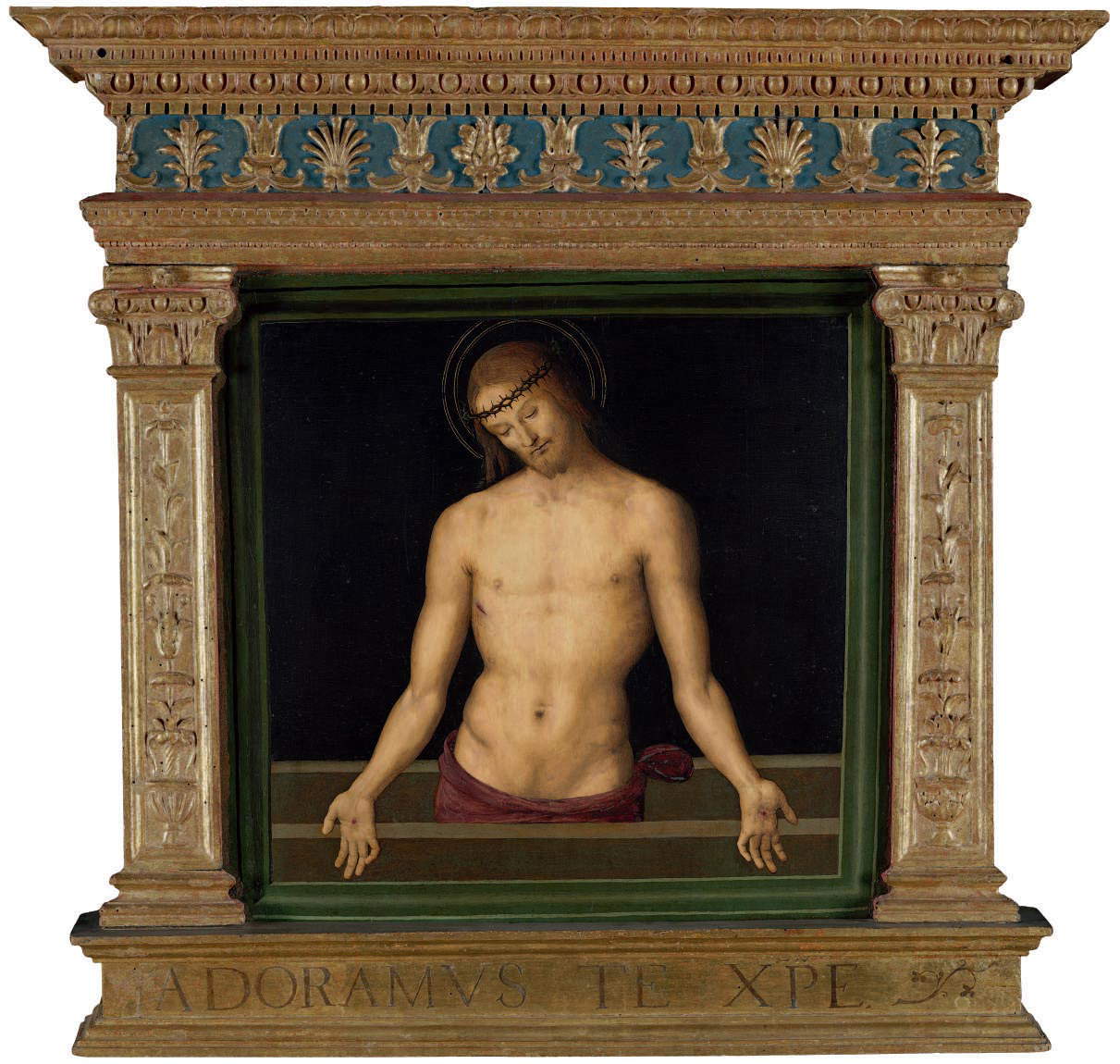 Pérugin, Imago Pietatis, cimatium du Retable des Décemvirs (tempera sur panneau, 58,5 x 62,7 cm ; 87 x 90 cm, avec cadre en bois ; Pérouse, Galleria Nazionale dell'Umbria, inv. 248)