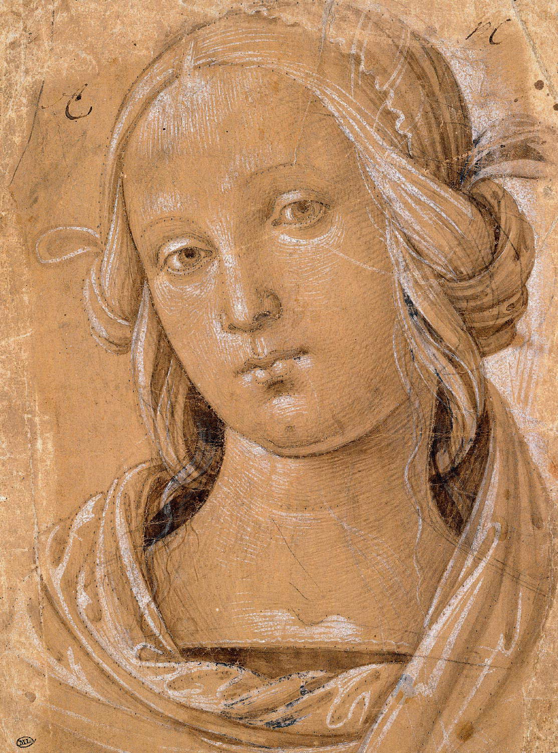 P&eacute;rugin, Tête de femme (vers 1487-1489 ; crayon noir, aquarelle brune et mine de plomb sur papier pr&eacute;par&eacute; jaune, 250 x 187 mm ; Paris, mus&eacute;e du Louvre, d&eacute;partement des Arts graphiques, inv. 4370, recto)