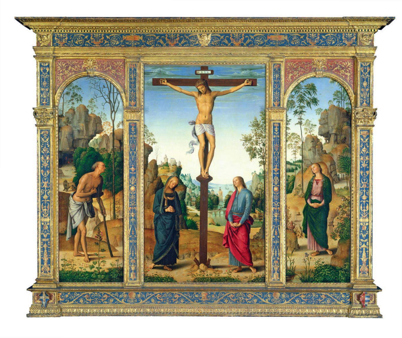 Pérugin, Triptyque de Galitzin (vers 1482-1485 ; 95 &times; 30,1 cm pour les compartiments latéraux, 101,5 &times; 56,5 cm pour le compartiment central ; Washington, National Gallery of Art, Andrew W. Mellon Collection, inv. 1937.1.27.a.b.c)