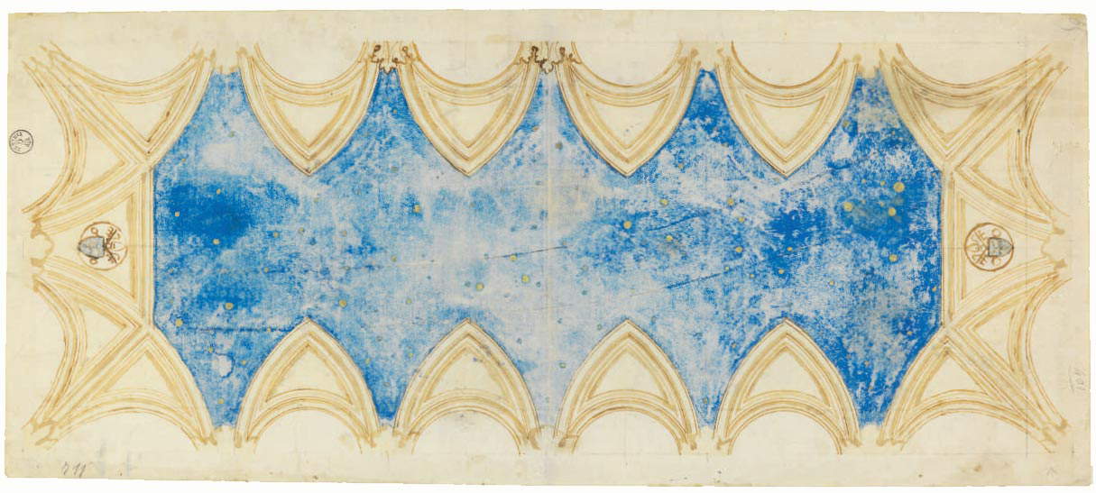 Piermatteo d'Amelia, Étude pour la décoration de la voûte de la chapelle Sixtine avec un ciel étoilé (vers 1480 ; stylet, traces de crayon noir, aquarelle sur papier blanc jauni 390 x 170 mm ; Florence, Galeries des Offices, Cabinet des dessins et des estampes, inv. 711 A)