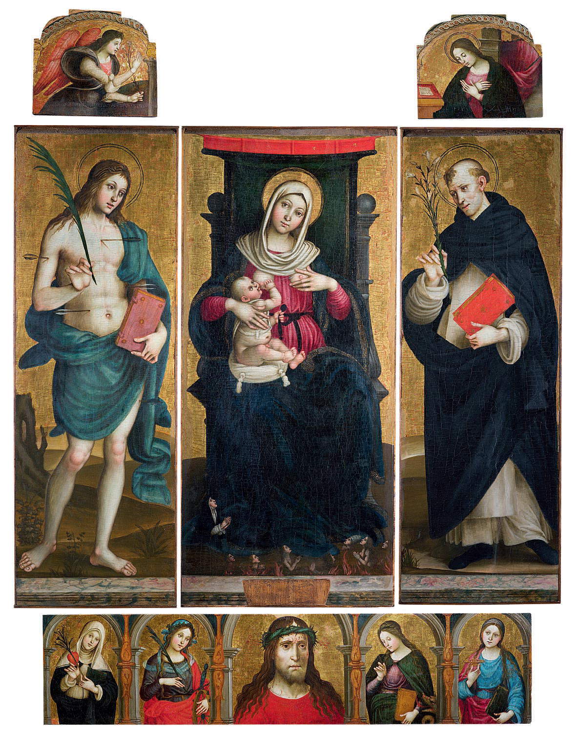 Stefano Sparano, Madone des grâces et donatrice dominicaine, saint Sébastien, saint Dominique (1507-1508 ; huile sur panneau, 156 x 71 cm pour le compartiment central, 156 x 52 cm pour le compartiment de droite, 156 x 52,2 cm pour le compartiment de gauche, 38 x 168 cm pour la prédelle, 40 x 43 cm pour la cimaise de droite, 40 x 43 cm pour la cimaise de gauche ; Naples, Museo e Real Bosco di Capodimonte, inv. Q 808, 809).