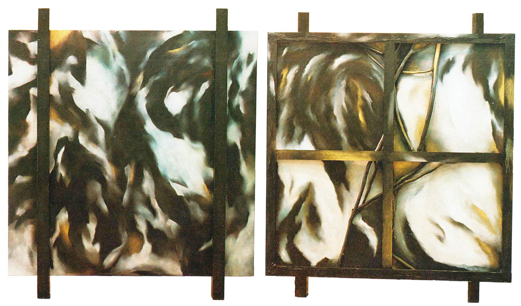 Angelo Pretolani, Quanto abbiamo preso lo lasciiamo, quanto non abbiamo preso lo portiamo, recto et verso (1988-1989 ; huile sur toile, branches et combustion sur bois, 140 x 120 x 7) Angelo Pretolani, Quanto abbiamo preso lo lasciiamo, quanto non abbiamo preso lo portiamo, recto et verso (1988-1989 ; huile sur toile, branches et combustion sur bois, 140 x 120 x 7)