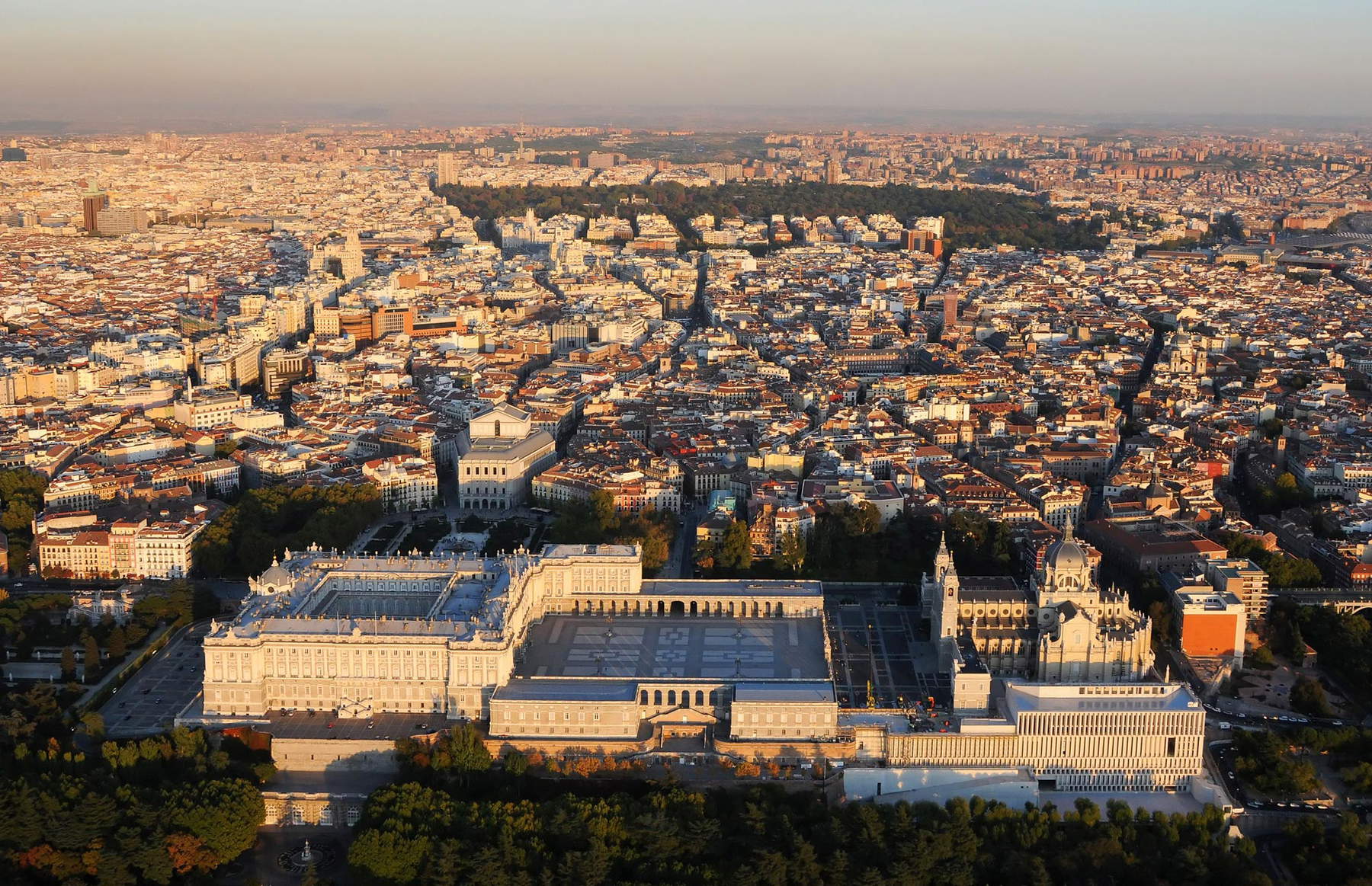 Panorama of the Royal Palace and the Gallery of the Royal Collections. The Gallery is the structure on the lower right, below the Almudena Cathedral Panorama of the Royal Palace and the Gallery of the Royal Collections. The Gallery is the structure on the lower right, below the Almudena Cathedral