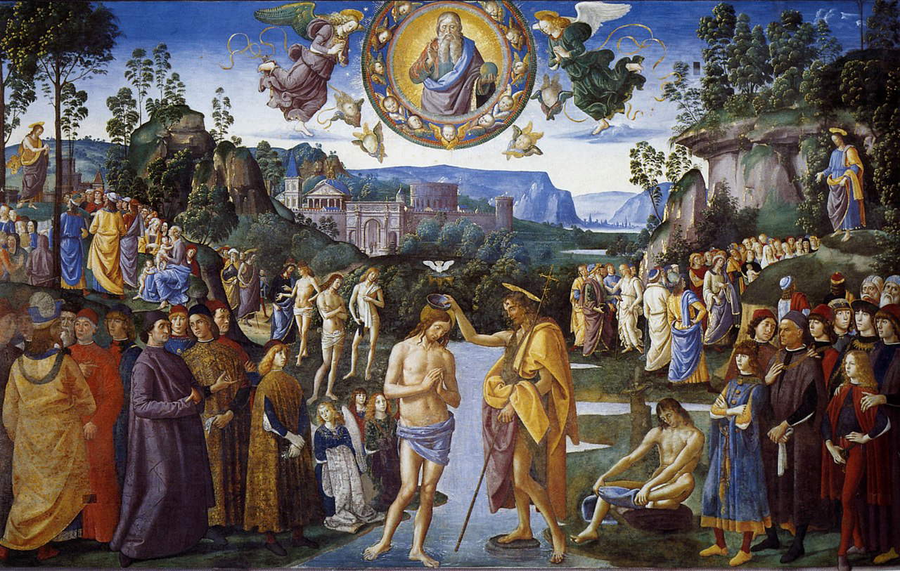 Perugino, Taufe Christi (1482; Fresko, 335 x 540 cm; Vatikanstadt, Sixtinische Kapelle) Perugino, Taufe Christi (1482; Fresko, 335 x 540 cm; Vatikanstadt, Sixtinische Kapelle)