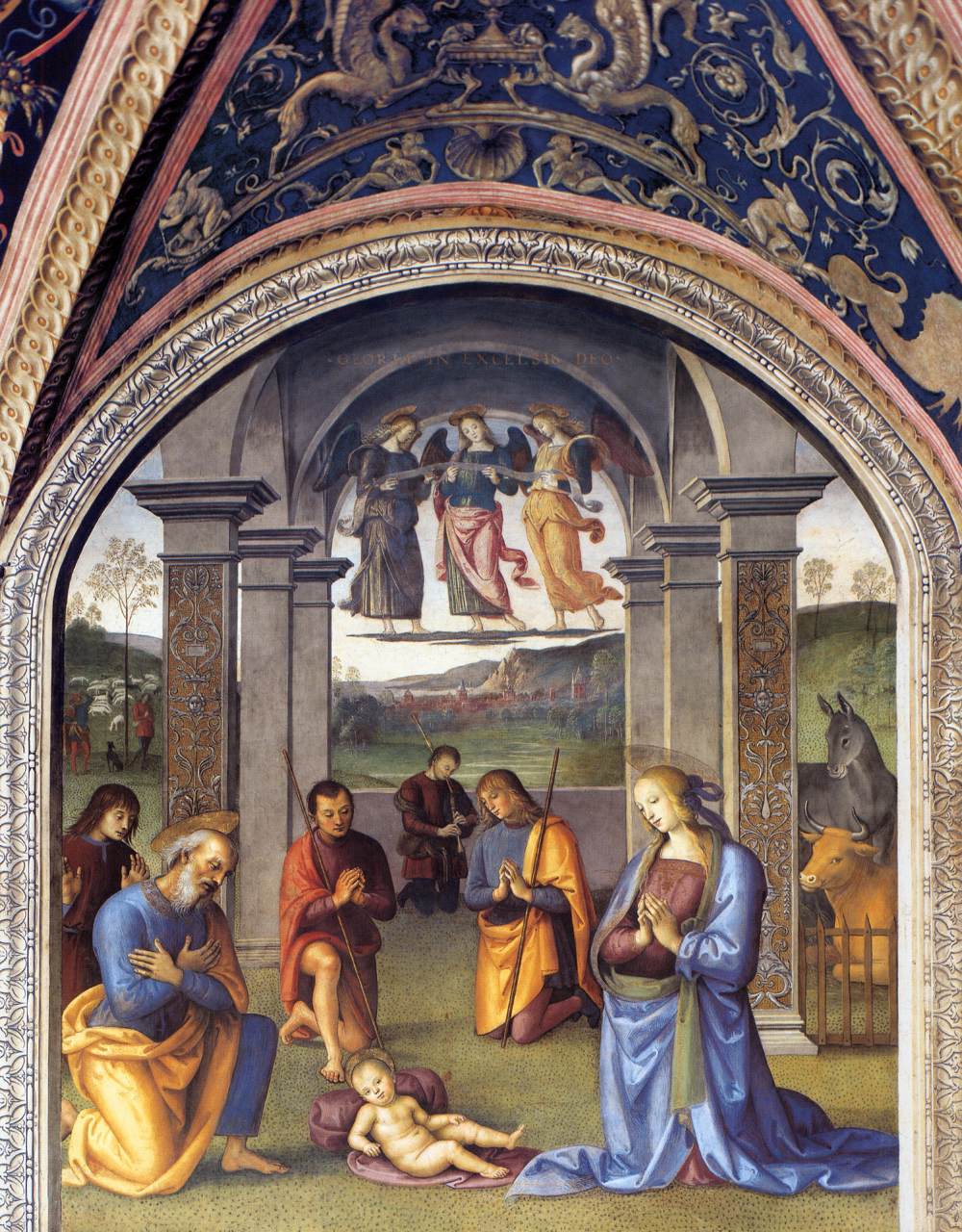 Perugino, Natividad (1498-1500; fresco; Perugia, Nobile Collegio del Cambio, Sala dell'Udienza)