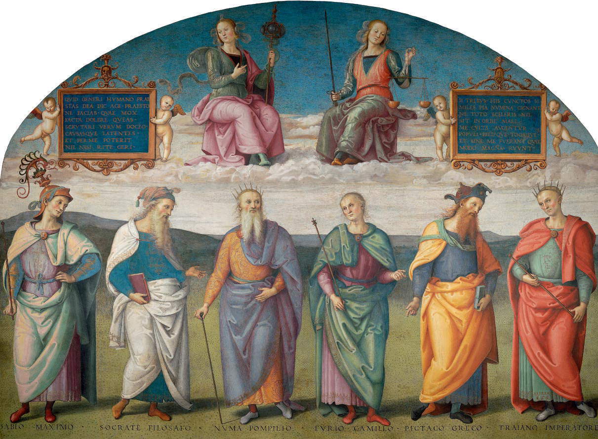 Perugino, Prudencia y justicia con Fabio Máximo, Sócrates, Numa Pompilio, Furio Camilo, Pittaco y Trajano (1498-1500; fresco; Perugia, Nobile Collegio del Cambio, Sala dell'Udienza)