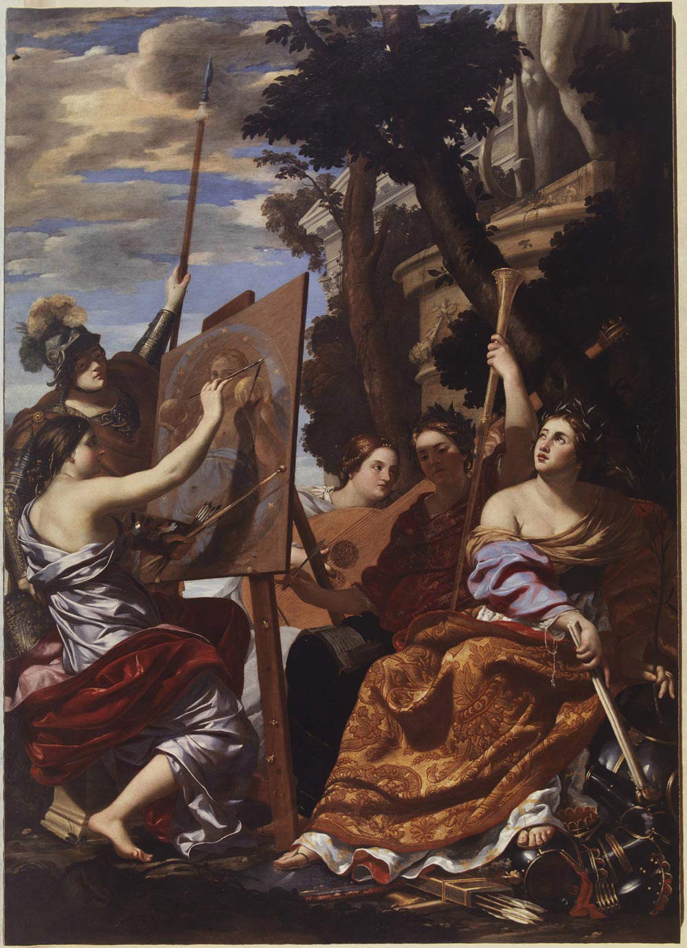 Charles Mellin y Francesco Muti Papazzurri conocido como el Hermano del Caballero Muti (atribuido), Alegoría de la Paz y las Artes bajo el Pontificado Barberino (antes de 1627; óleo sobre lienzo, 350 x 254 cm; Roma, Galerías Nacionales de Arte Antiguo - Palacio Barberini)