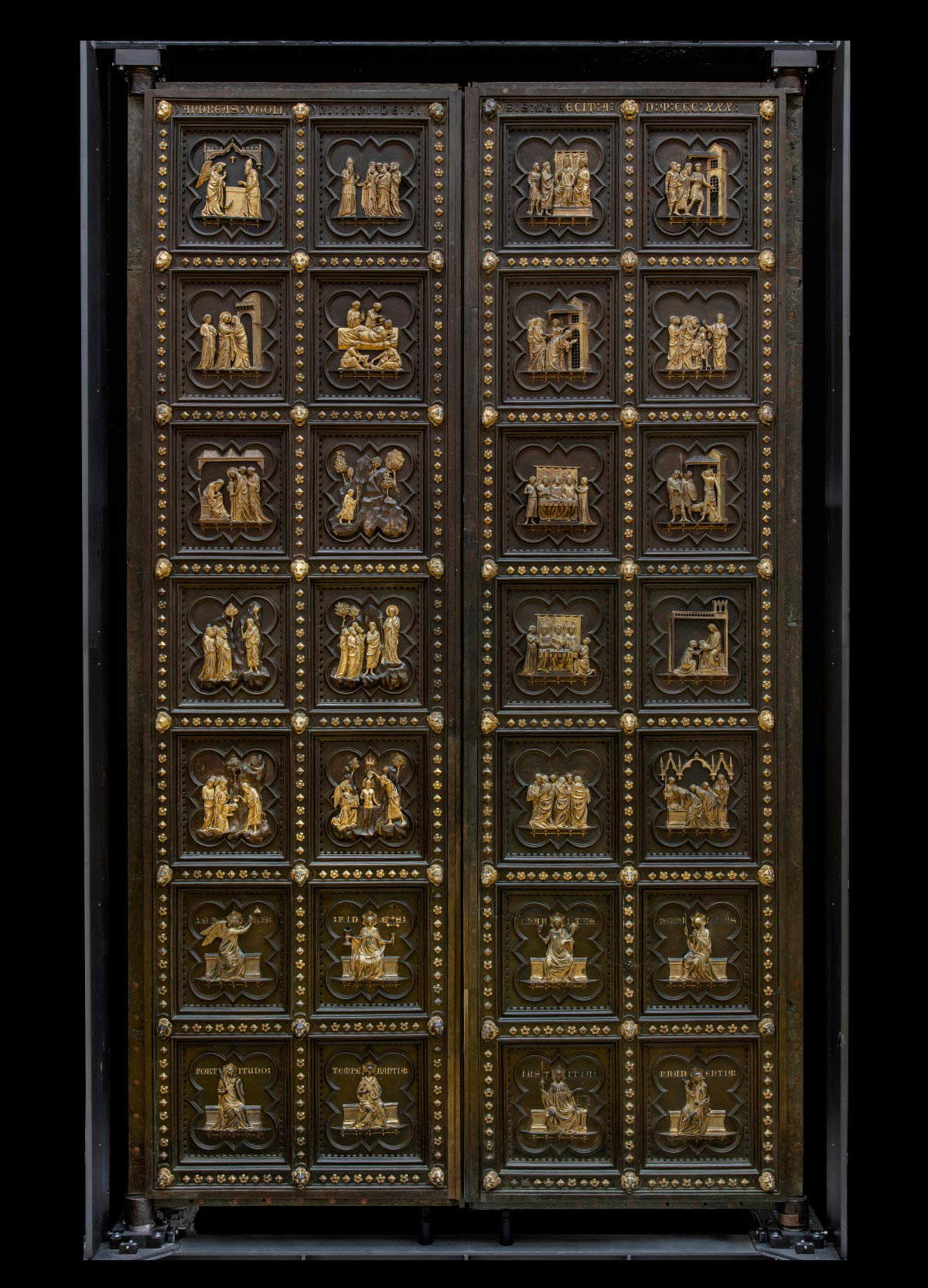 Andrea Pisano (Zeichnung) und Leonardo d'Avanzo (Guss), Südtür des Baptisteriums von Florenz (1330-1336; vergoldete Bronze, 494 x 265 cm; Florenz, Museo del Duomo)