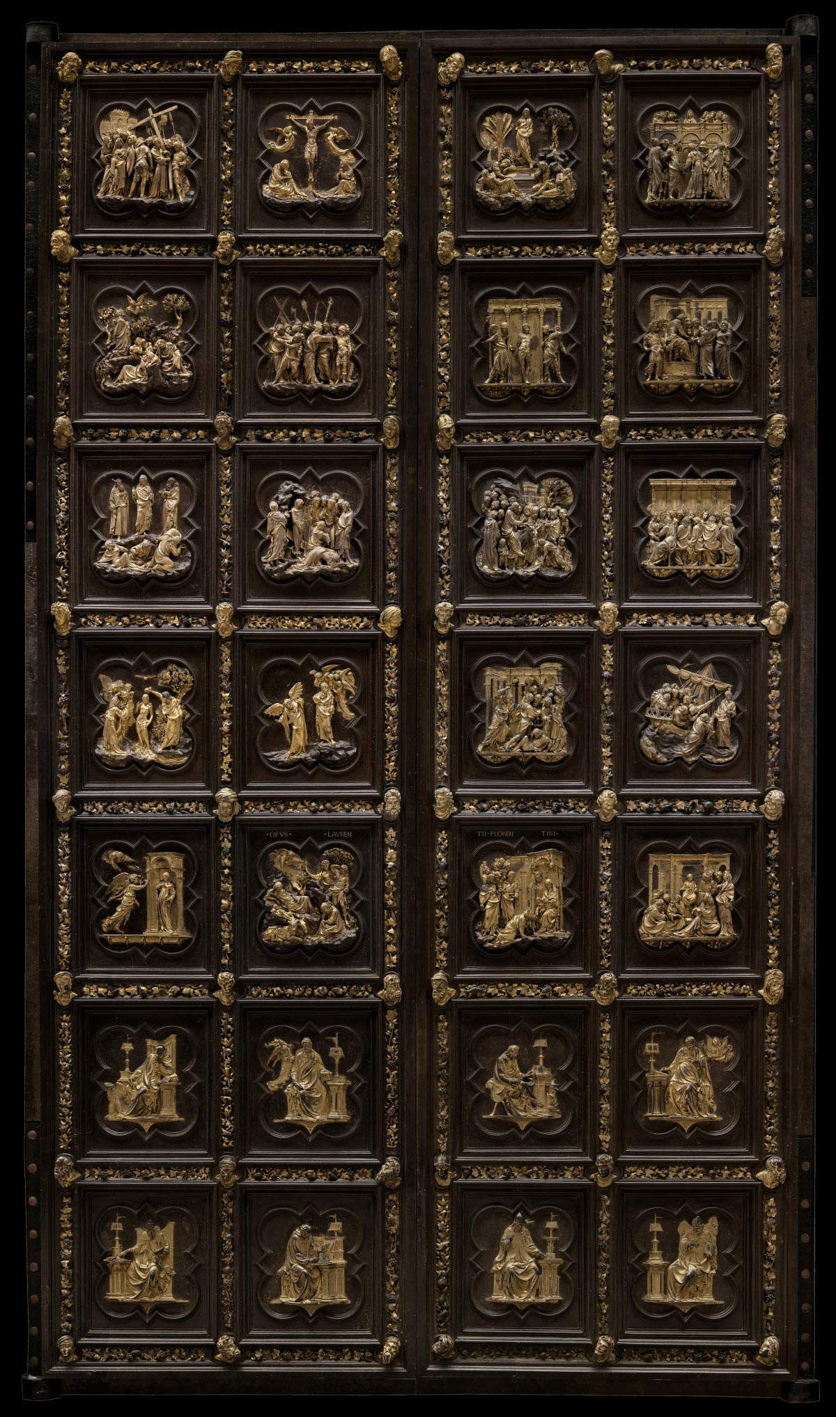 Lorenzo Ghiberti, Nordtür des Baptisteriums von Florenz (1403-1424; vergoldete Bronze, 500 x 290 cm; Florenz, Museo del Duomo)