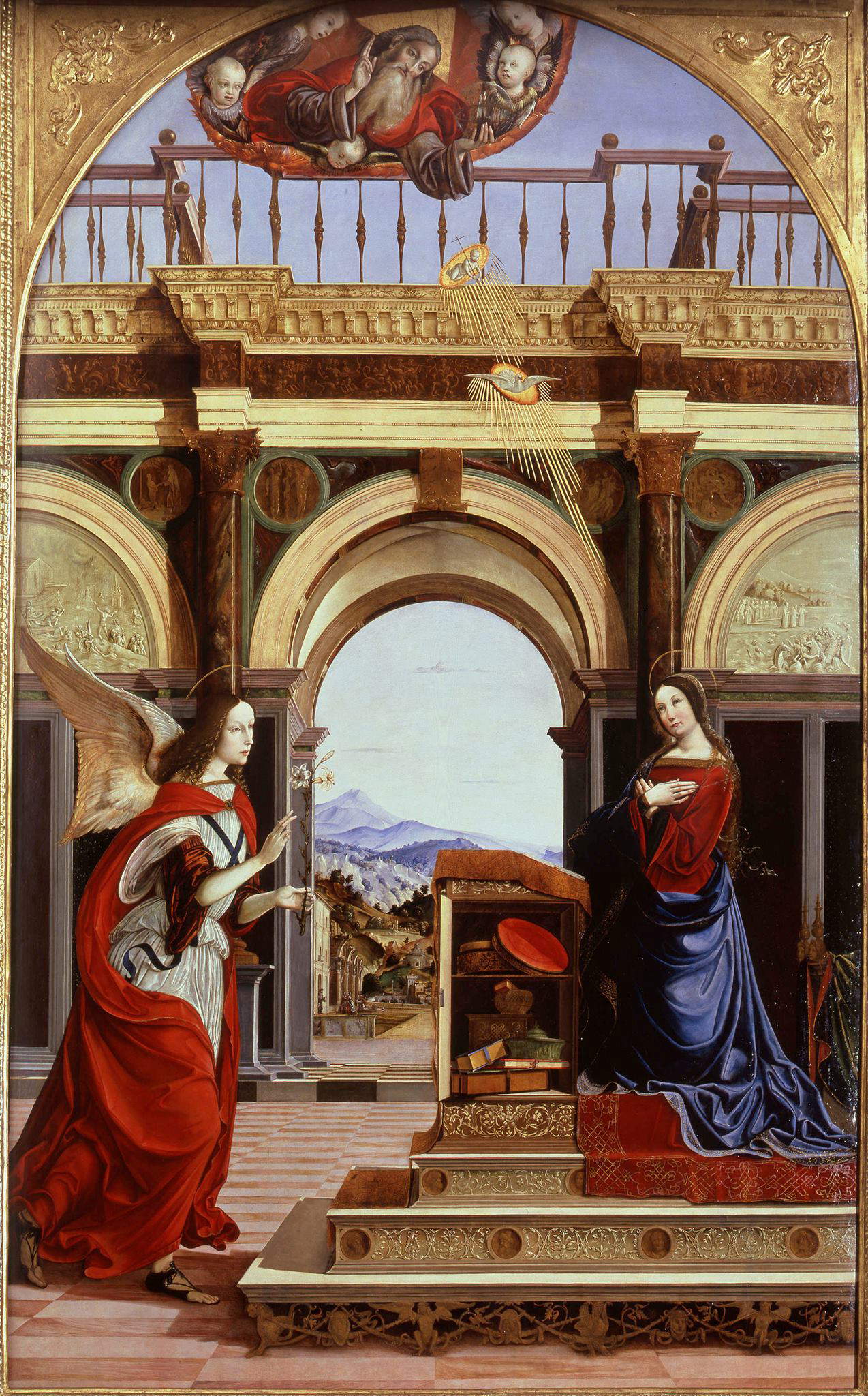 Francesco Bianchi Ferrari, Annunciazione (1506-1512; olio su tavola, 291 x 176,5 cm; Modena, Galleria Estense)