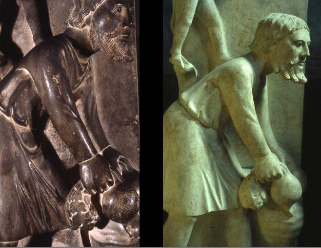 Parme, Baptistère métropolitain, Benedetto Antelami: Cycle des mois, novembre, détail avant et après restauration Parme, Baptistère métropolitain, Benedetto Antelami: Cycle des mois, novembre, détail avant et après restauration