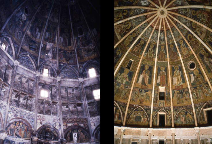 Parme, Baptistère métropolitain, intérieur, détail avant restauration (Photo B. Zanardi) et décoration romano-byzantine de la coupole après restauration (Photo B. Zanardi). Parme, Baptistère métropolitain, intérieur, détail avant restauration (Photo B. Zanardi) et décoration romano-byzantine de la coupole après restauration (Photo B. Zanardi).