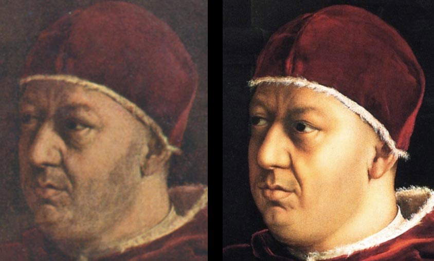 Raphaël, Portrait de Léon X entre les cardinaux Giulio de' Medici et Luigi de' Rossi, photo de gauche dans le volume  Raphaël, Portrait de Léon X entre les cardinaux Giulio de' Medici et Luigi de' Rossi, photo de gauche dans le volume