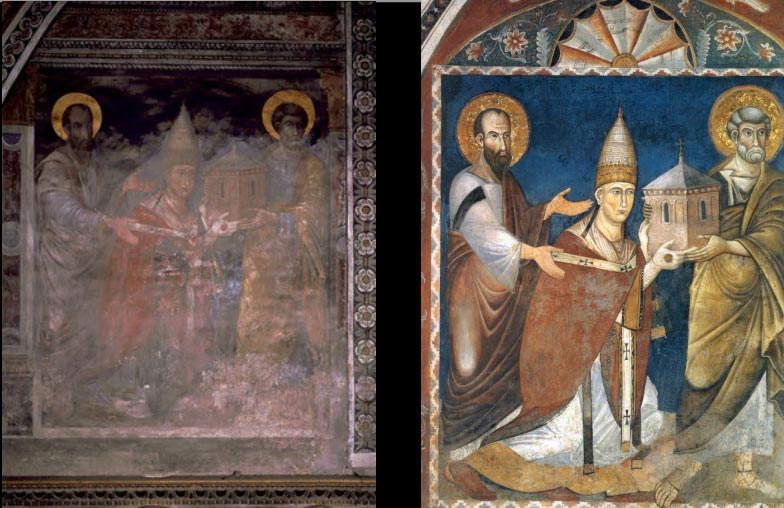 Rome, chapelle du Sancta Sanctorum au Latran, le pape Nicolas III présente la maquette de la chapelle au Christ avec les saints Paul et Pierre, avant et après restauration (Photo B. Zanardi). Rome, chapelle du Sancta Sanctorum au Latran, le pape Nicolas III présente la maquette de la chapelle au Christ avec les saints Paul et Pierre, avant et après restauration (Photo B. Zanardi).