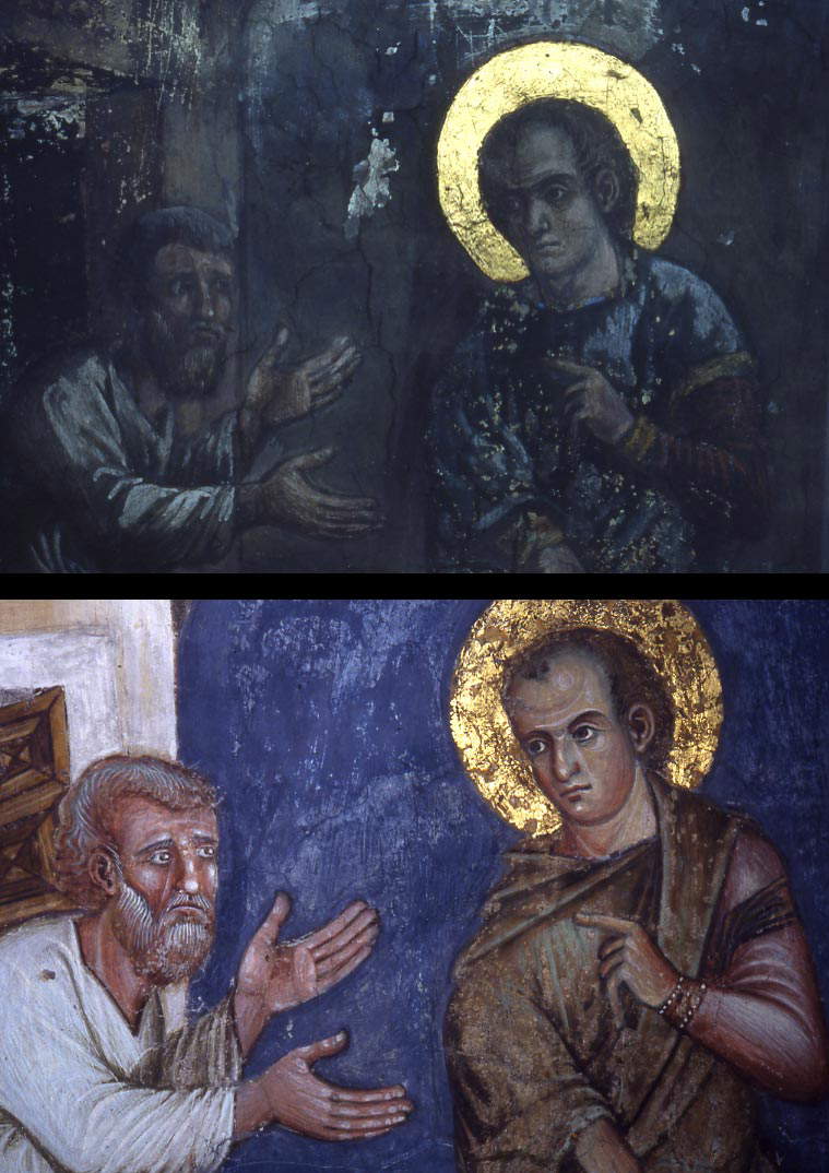 Rome, Chapelle du Sancta Sanctorum, Saint Nicolas et le Pauvre, détail avant et après restauration (Photo B. Zanardi) Rome, Chapelle du Sancta Sanctorum, Saint Nicolas et le Pauvre, détail avant et après restauration (Photo B. Zanardi)
