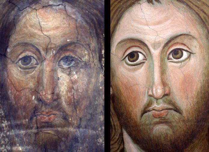 Rome, Chapelle du Sancta Sanctorum au Latran, Le visage du Christ recevant la maquette de la Chapelle du Pape Nicolas III, détail avant et après restauration (Photo B. Zanardi). Rome, Chapelle du Sancta Sanctorum au Latran, Le visage du Christ recevant la maquette de la Chapelle du Pape Nicolas III, détail avant et après restauration (Photo B. Zanardi).