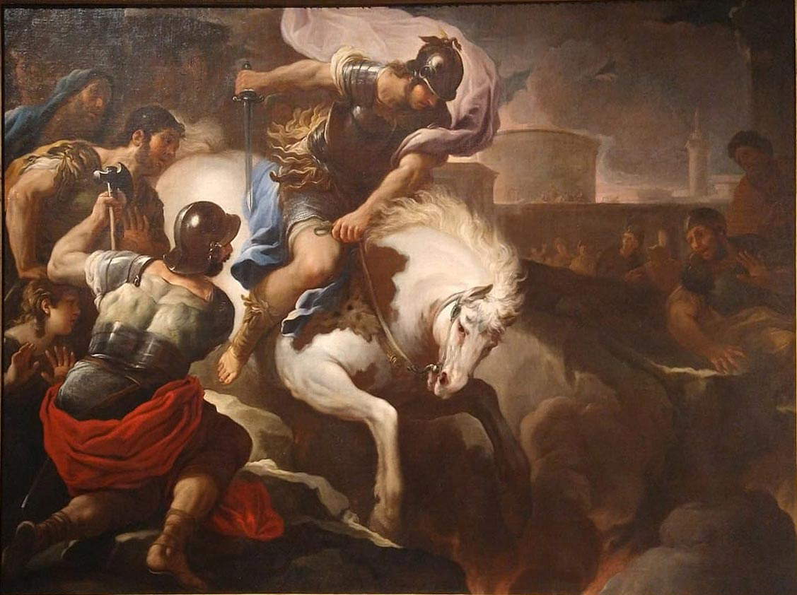 Luca Giordano, Marcus Curtius Throws Himself into the Chasm (c. 1682; oil on canvas, 180 x 237 cm; London, Private Collection)