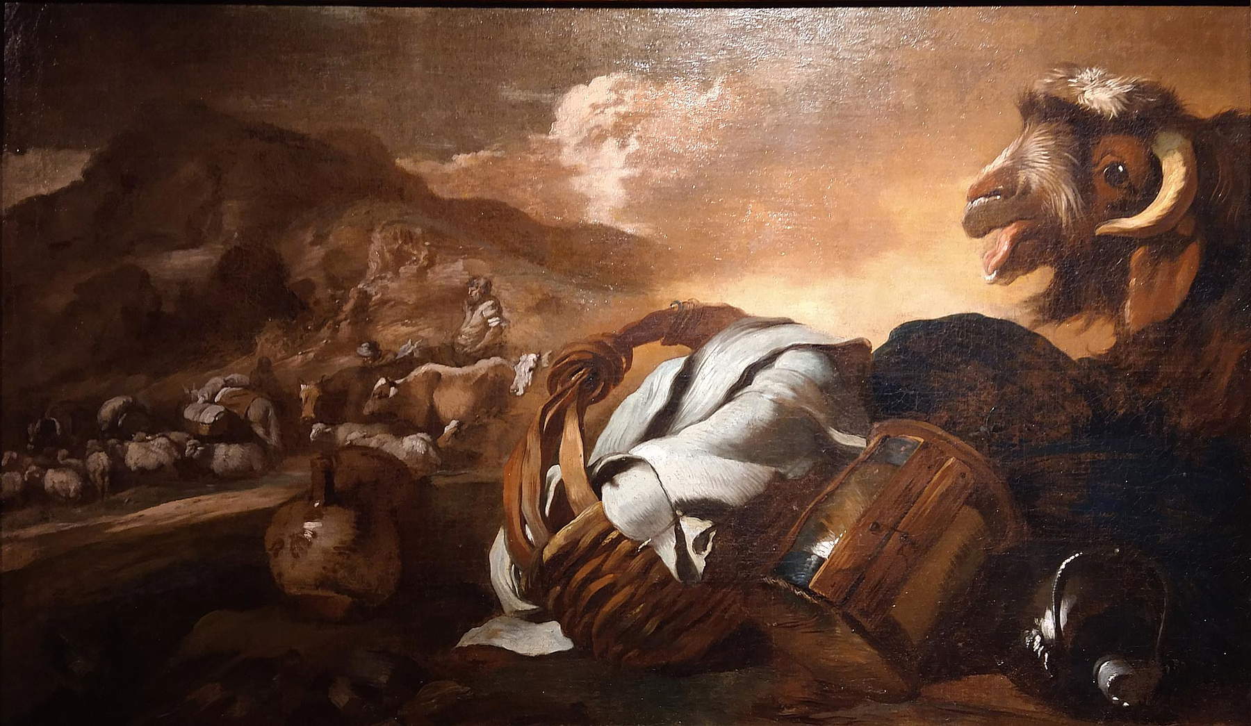 Giovanni Benedetto Castiglione dit Il Grechetto, Nature morte avec le voyage des enfants de Jacob à l'arrière-plan (huile sur toile, 71 x 120 cm ; collection privée). Giovanni Benedetto Castiglione dit Il Grechetto, Nature morte avec le voyage des enfants de Jacob à l'arrière-plan (huile sur toile, 71 x 120 cm ; collection privée).