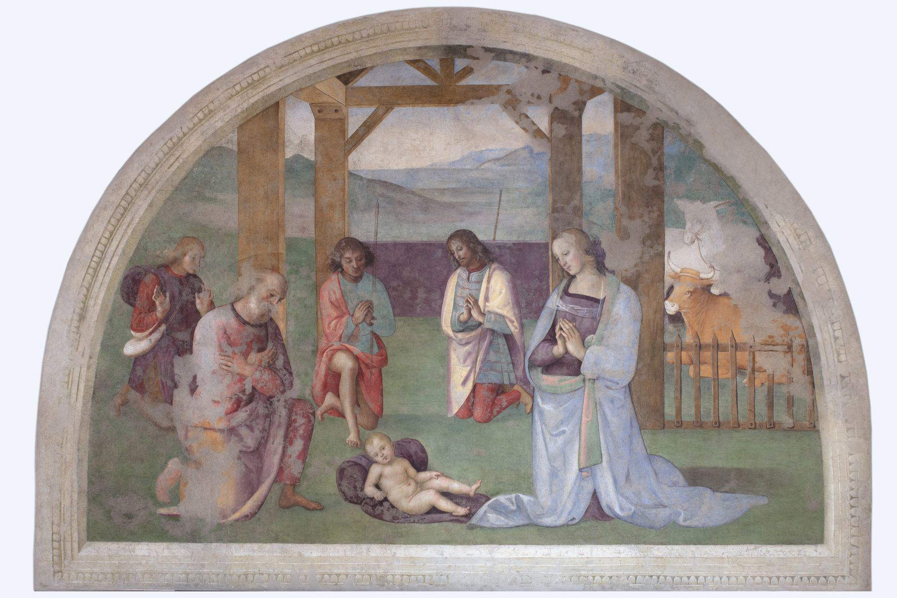 Perugino, Adoration of the Shepherds (c. 1502; detached fresco, 246 x 356 cm; Perugia, Galleria Nazionale dell'Umbria) Perugino, Adoration of the Shepherds (c. 1502; detached fresco, 246 x 356 cm; Perugia, Galleria Nazionale dell'Umbria)