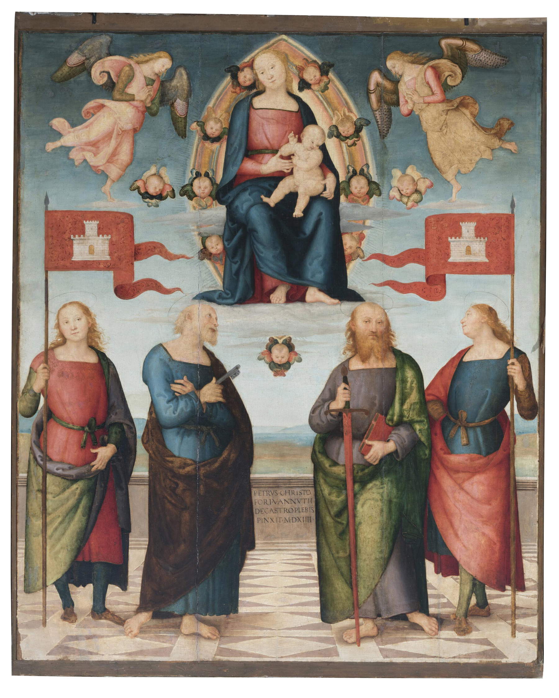 Perugino, Madonna mit Kind und den Heiligen Gervasius, Petrus, Paulus und Protasius (1514, Öl auf Tafel; 240 x 220 cm; Città della Pieve, Dom der Heiligen Gervasius und Protasius) Perugino, Madonna mit Kind und den Heiligen Gervasius, Petrus, Paulus und Protasius (1514, Öl auf Tafel; 240 x 220 cm; Città della Pieve, Dom der Heiligen Gervasius und Protasius)