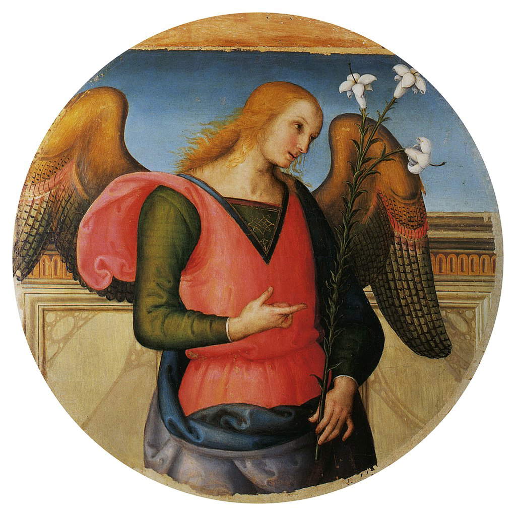 Perugino, Angelo annunciante (1502 circa-1512; tavola, diametro 102 cm; Perugia, Galleria Nazionale dell'Umbria)