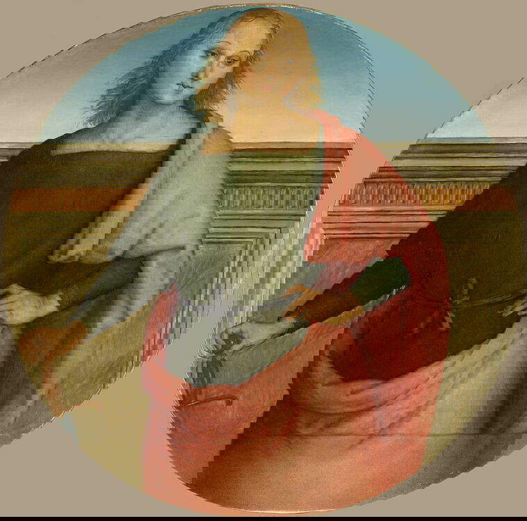 Perugino, Santo giovane con spada (San Giuliano?) (1513-1523; tavola, diametro 102 cm; Parigi, Louvre)