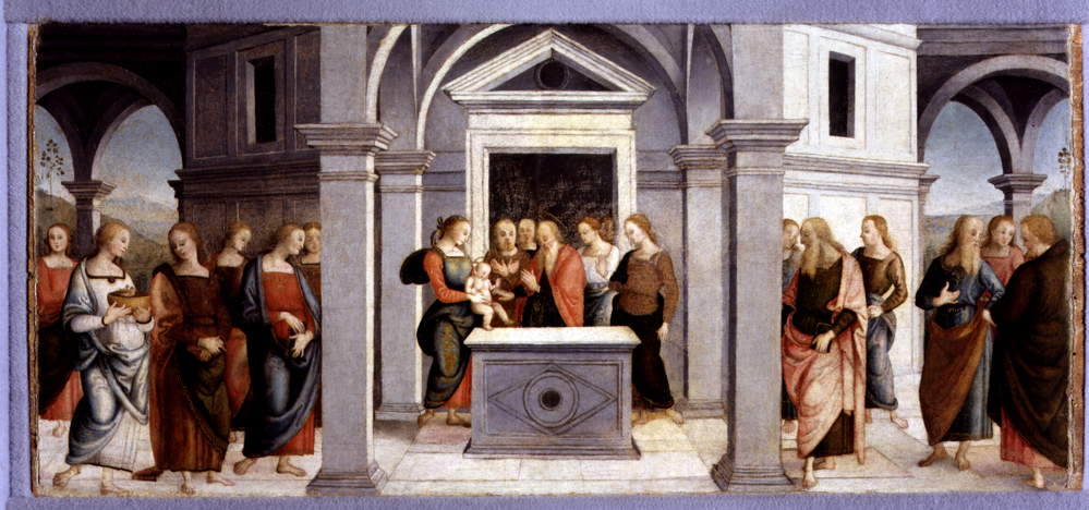 Perugino, Presentazione di Ges&ugrave; al Tempio (1502 circa-1512; tavola, 39,5 x 83,5 cm; Perugia, Galleria Nazionale dell'Umbria)