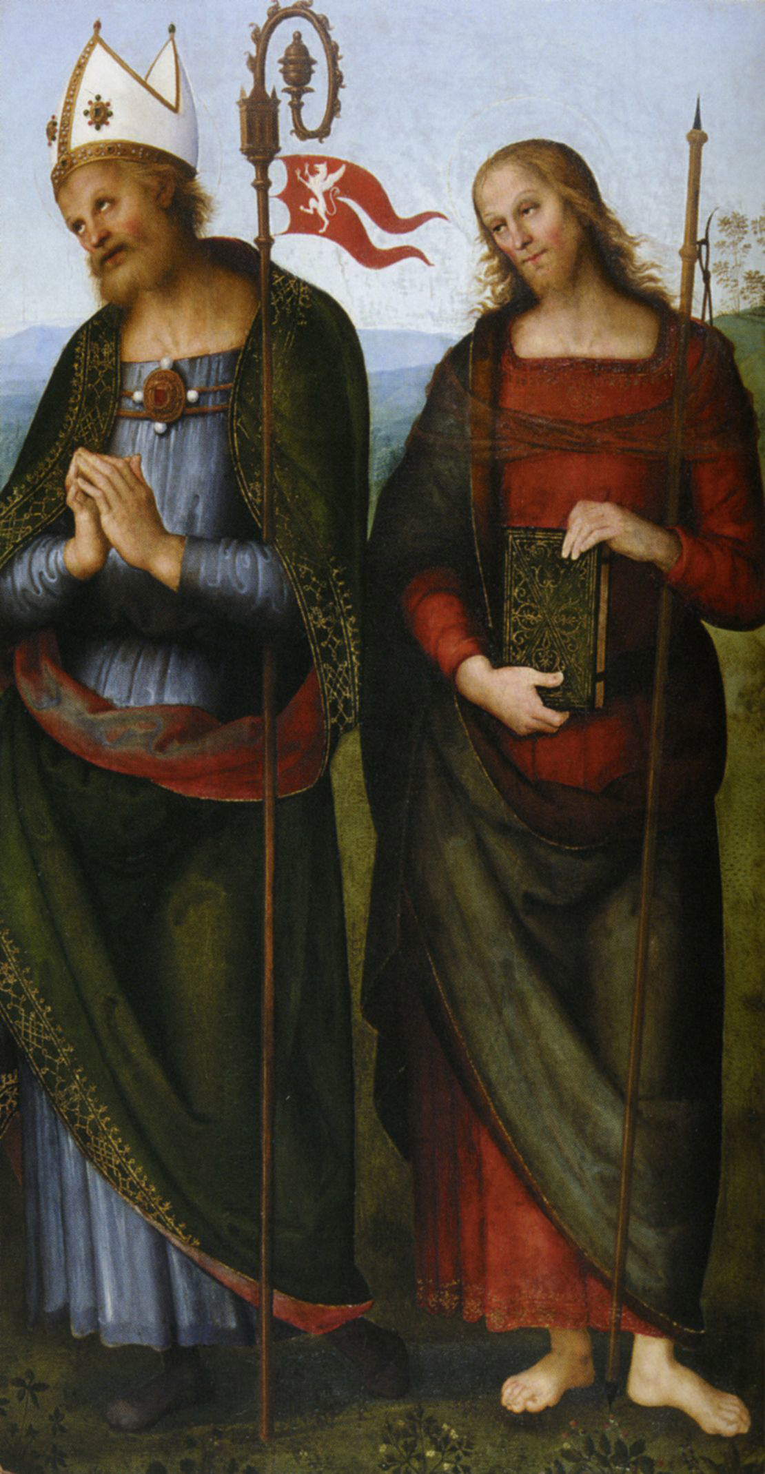 Perugino, Santi Ercolano e Giacomo Maggiore (1502 circa-1512; tavola, 173 x 91 cm; Lione, Mus&eacute;e des Beaux-Arts)