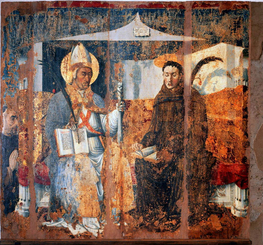 Meister von Cesio, die Heiligen Eleutherius und Maurus und ein Spender (1457; Tempera auf Tafel, 155,5 x 162,5 cm; Albenga, Museo Diocesano) Meister von Cesio, die Heiligen Eleutherius und Maurus und ein Spender (1457; Tempera auf Tafel, 155,5 x 162,5 cm; Albenga, Museo Diocesano)