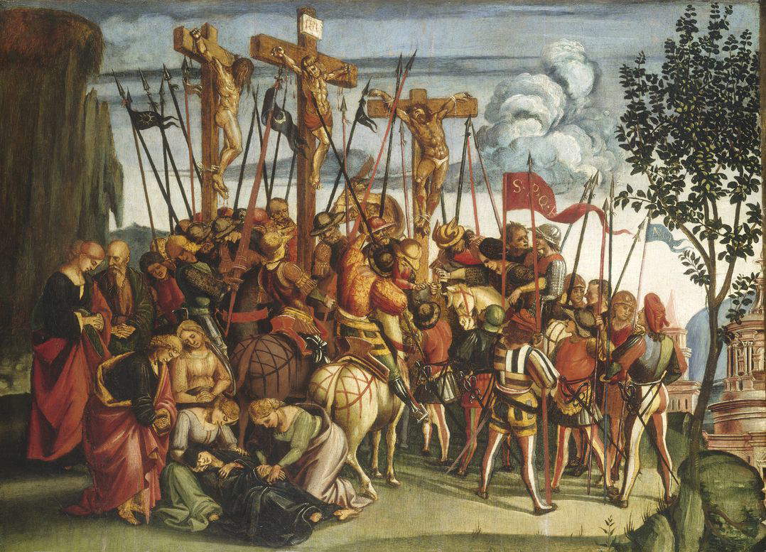 Luca Signorelli, Calvario, frammento della pala di Matelica (1504-1505; tempera e olio su tavola, 72,5 x 101,3 cm; Washington, National Gallery of Art, Samuel H. Kress Collection) Luca Signorelli, Calvario, frammento della pala di Matelica (1504-1505; tempera e olio su tavola, 72,5 x 101,3 cm; Washington, National Gallery of Art, Samuel H. Kress Collection)