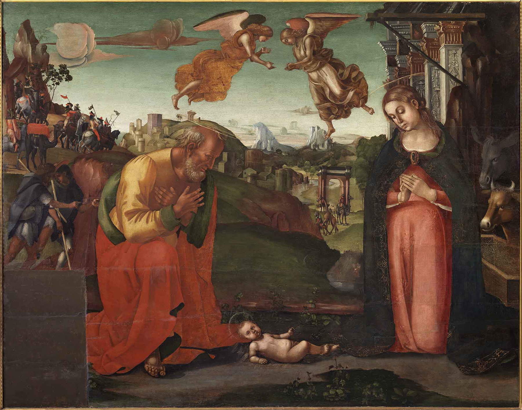Luca Signorelli, Adorazione del Bambino (1493-1496 circa; olio su tavola, 142 x 179 cm; Napoli, Museo e Real Bosco di Capodimonte) Luca Signorelli, Adorazione del Bambino (1493-1496 circa; olio su tavola, 142 x 179 cm; Napoli, Museo e Real Bosco di Capodimonte)