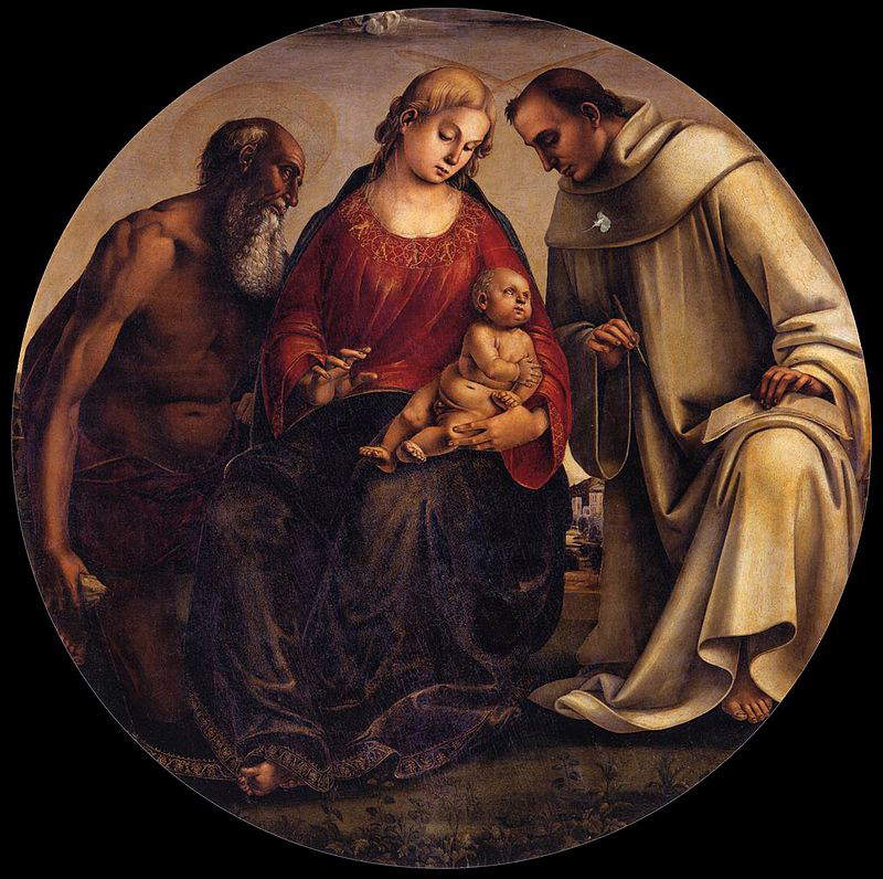 Luca Signorelli, Madonna col Bambino tra i santi Girolamo e Bernardo (1491-1493 circa; olio su tavola, diametro 115 cm; Firenze, Galleria Corsini) Luca Signorelli, Madonna col Bambino tra i santi Girolamo e Bernardo (1491-1493 circa; olio su tavola, diametro 115 cm; Firenze, Galleria Corsini)