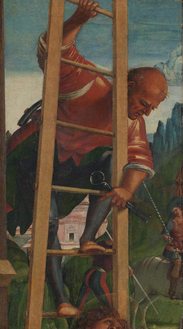 Luca Signorelli, Uomo su una scala, frammento della pala di Matelica (1504-1505; olio su tavola, 88,3 x 52 cm; Londra, National Gallery) Luca Signorelli, Uomo su una scala, frammento della pala di Matelica (1504-1505; olio su tavola, 88,3 x 52 cm; Londra, National Gallery)