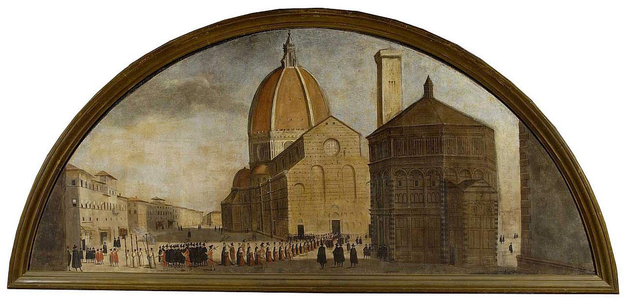 Peintre florentin anonyme, Procession des jeunes filles, Piazza del Duomo (vers 1620-1640 ; huile sur toile, 132 x 309 cm ; Florence, Palazzo Pitti, Galleries Depository) Peintre florentin anonyme, Procession des jeunes filles, Piazza del Duomo (vers 1620-1640 ; huile sur toile, 132 x 309 cm ; Florence, Palazzo Pitti, Galleries Depository)