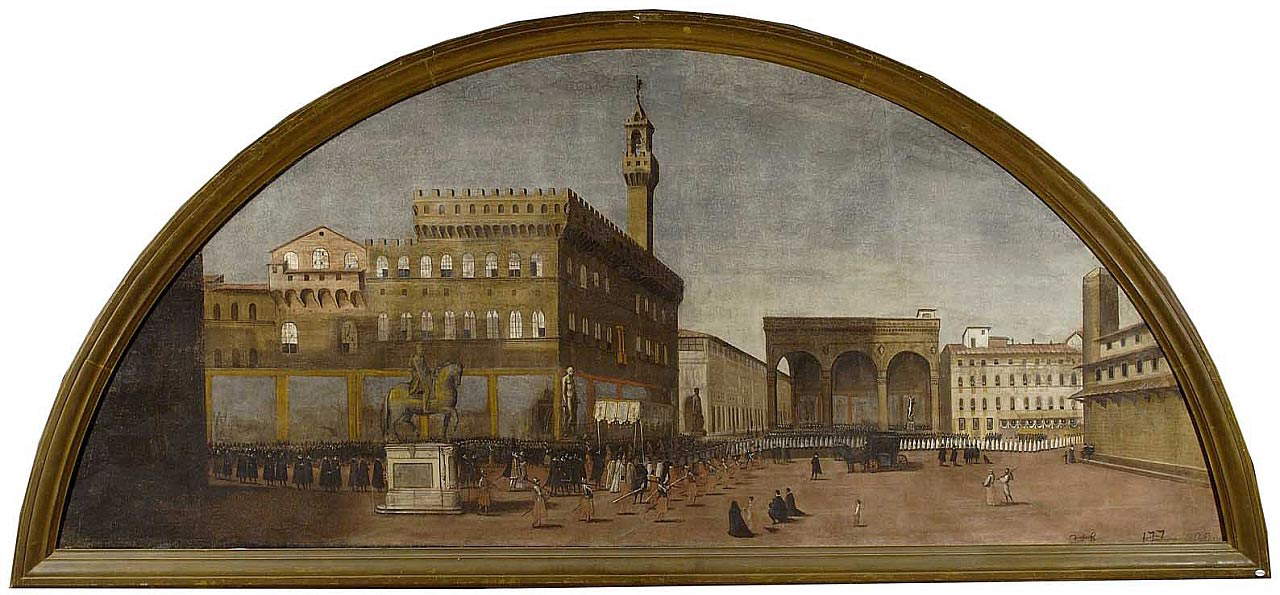 Peintre florentin anonyme, Procession sur la Piazza della Signoria (vers 1620-1640 ; huile sur toile, 131 x 311 cm ; Florence, Palazzo Pitti, Galleries Depository) Peintre florentin anonyme, Procession sur la Piazza della Signoria (vers 1620-1640 ; huile sur toile, 131 x 311 cm ; Florence, Palazzo Pitti, Galleries Depository)