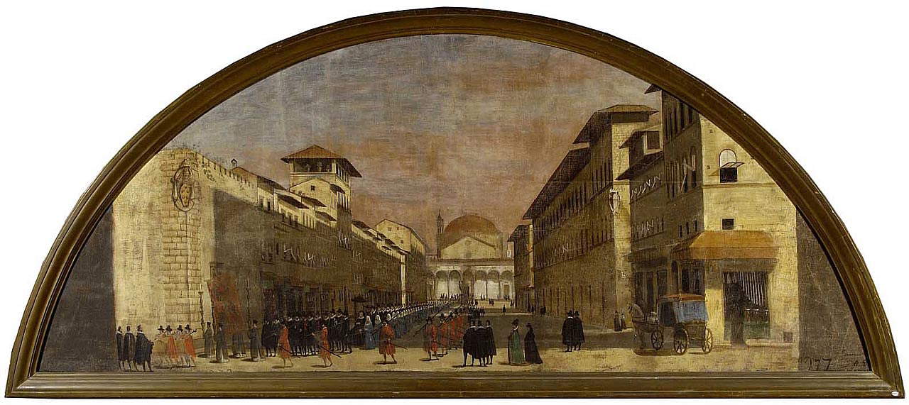 Peintre florentin anonyme, Procession de jeunes filles turques dans la Via de' Servi (vers 1620-1640 ; huile sur toile, 145 x 340 cm ; Florence, Palazzo Pitti, Galleries Depository) Peintre florentin anonyme, Procession de jeunes filles turques dans la Via de' Servi (vers 1620-1640 ; huile sur toile, 145 x 340 cm ; Florence, Palazzo Pitti, Galleries Depository)