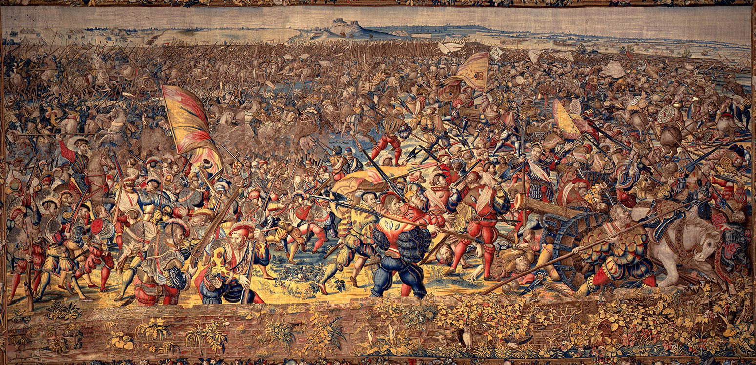Jan et William Dermoyen d'après un dessin de Bernard van Orley, Défaite de la cavalerie française. L'infanterie impériale s'empare de l'artillerie ennemie, extrait des tapisseries de la bataille de Pavie (1528-1531 ; laine, soie, argent et or, 440 x 870 cm ; Naples, Museo Nazonale di Capodimonte). Jan et William Dermoyen d'après un dessin de Bernard van Orley, Défaite de la cavalerie française. L'infanterie impériale s'empare de l'artillerie ennemie, extrait des tapisseries de la bataille de Pavie (1528-1531 ; laine, soie, argent et or, 440 x 870 cm ; Naples, Museo Nazonale di Capodimonte).