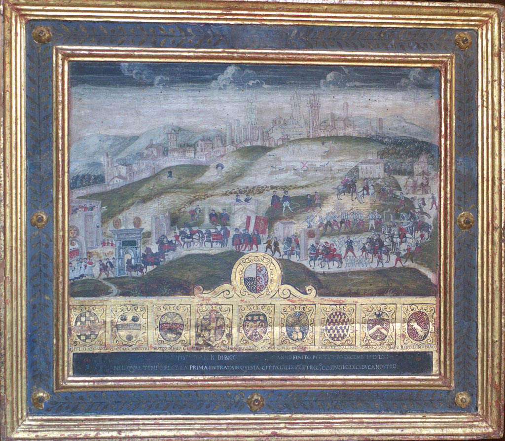 Peintre anonyme, Entrée solennelle de Cosimo I à Sienne (1560 ; tempera et or sur panneau, 69 x 78,8 cm ; Sienne, Archivio di Stato, Biccherna 64) Peintre anonyme, Entrée solennelle de Cosimo I à Sienne (1560 ; tempera et or sur panneau, 69 x 78,8 cm ; Sienne, Archivio di Stato, Biccherna 64)