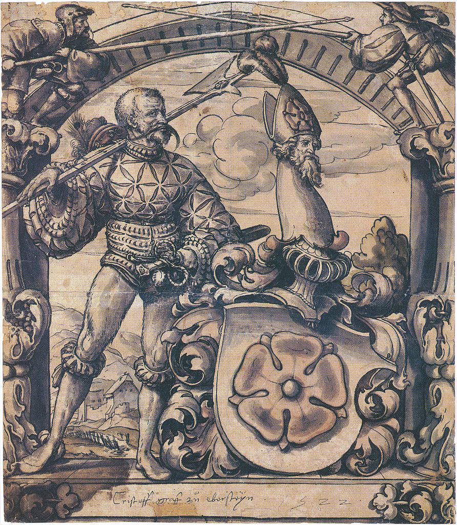 Hans Holbein le Jeune, Dessin d'un vitrail pour Christoph von Eberstein (1522 ; plume, encre et pinceau, aquarelles grises, vertes et rouges, sur dessin préliminaire au crayon noir, 291 x 332 mm ; Oxford, Ashmolean Museum) Hans Holbein le Jeune, Dessin d'un vitrail pour Christoph von Eberstein (1522 ; plume, encre et pinceau, aquarelles grises, vertes et rouges, sur dessin préliminaire au crayon noir, 291 x 332 mm ; Oxford, Ashmolean Museum)