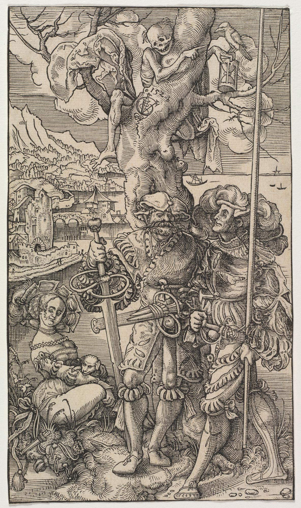 Urs Graf, Deux Lansquenets avec une femme et la mort dans un arbre (1524 ; gravure sur bois ; Cleveland, Cleveland Museum of Art) Urs Graf, Deux Lansquenets avec une femme et la mort dans un arbre (1524 ; gravure sur bois ; Cleveland, Cleveland Museum of Art)