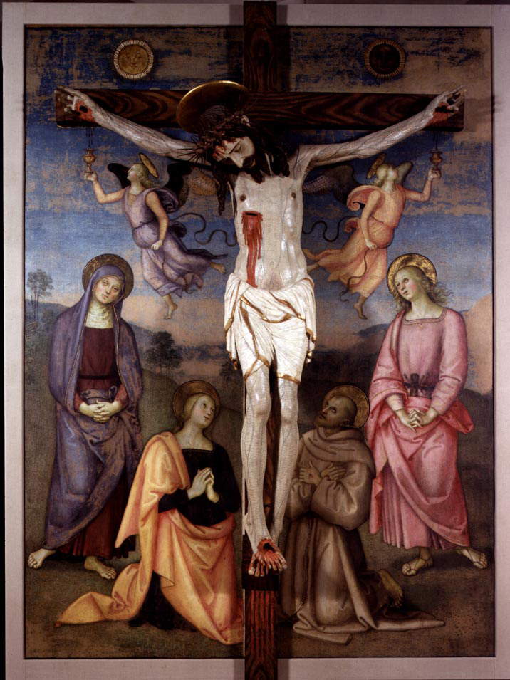 Perugino, Pala di Monteripido, recto, Crocifissione (1502-1504; tempera su tavola, 240 x 180 cm; Perugia, Galleria Nazionale dell’Umbria) Perugino, Pala di Monteripido, recto, Crocifissione (1502-1504; tempera su tavola, 240 x 180 cm; Perugia, Galleria Nazionale dell’Umbria)
