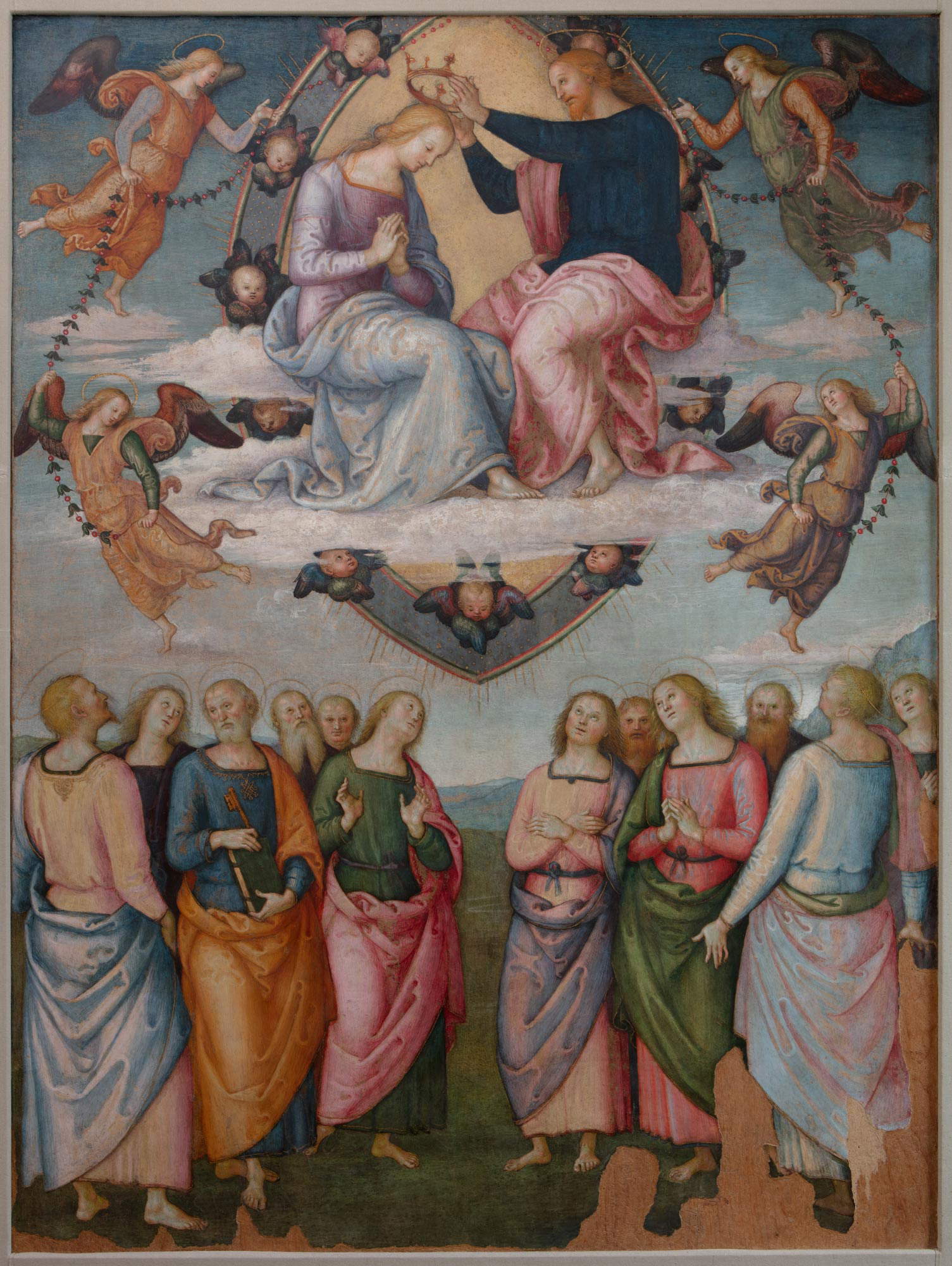 Perugino, Pala di Monteripido, verso, Incoronazione della Vergine (1502-1504; tempera su tavola, 240 x 180 cm; Perugia, Galleria Nazionale dell’Umbria) Perugino, Pala di Monteripido, verso, Incoronazione della Vergine (1502-1504; tempera su tavola, 240 x 180 cm; Perugia, Galleria Nazionale dell’Umbria)